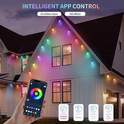 CAWWS Outdoor String Lights 50FT, Outdoor Lights for Patio with 20 Dimmable RGBW LED Bulbs, IP66 Waterproof Shatterproof, with APP Control & Remote, 24V Adapter Color Change,for Backyard Décor