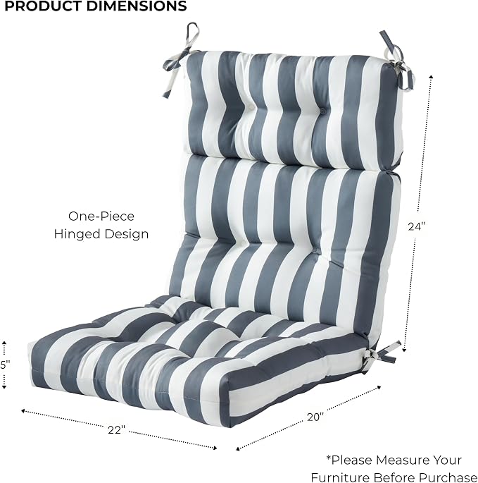 Outdoor Tufted High-Back Chair Cushions, One-Piece Hinged Seat and Back Design, Reversible with 4 Ties, Durable Polyester Fabric, Recycled Fiber Fill - Set of 2, Canopy Stripe Gray