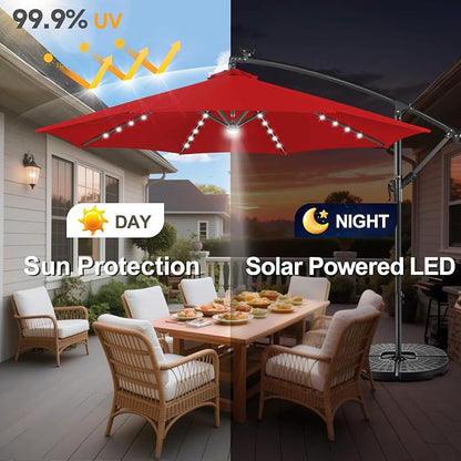 10 ft Solar Patio Umbrella Cantilever with Centre Light, Red | 40 LED Lights, UV Protection, Large Offset Patio Umbrella Outdoor for Garden, Deck, Backyard, Pool, Porch, Provides Shade