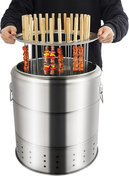 Vertical Charcoal Grill – Large Capacity Holds 28 Skewers, 201 Stainless Steel, 360° Even Heating, Oil & Charcoal Separation for Smokeless BBQ – Ideal for Camping, Party, Patio, Outdoor Cooking