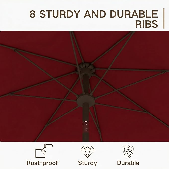 Kingdura 9FT Outdoor Patio Umbrella, Round Market Table Umbrella with Push‑Button Tilt and Crank Lift, 8 Sturdy Metal Ribs, UV50+ Protection Canopy for Backyard, Lawn, Deck, Poolside, Garden (Dark red)