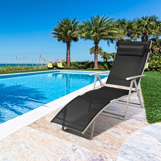 Tangkula Outdoor Folding Chaise Lounge Chair, Lightweight Recliner Chair w/ 7 Adjustable Backrest Positions, Patio Reclining Beach w/Removable Cushion & Pillow for Patio Poolside No Assembly Required