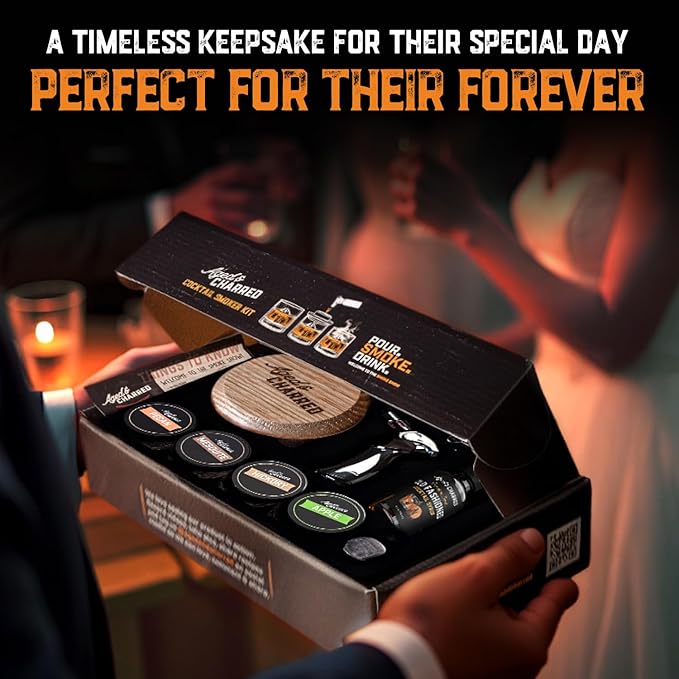 Whiskey Smoker Kit with Torch and Butane and Old Fashioned Syrup - 8 Flavors Wood Chips, 100% USA Oak, High-End Set - Old Fashioned Bourbon Cocktail Smoker Kit Gifts for Men Dad