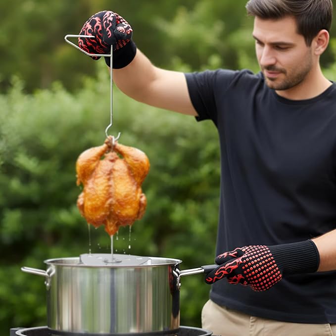 Fire Riot Deluxe Stainless Steel Turkey Fryer Accessories Kit – Turkey Deep Fryer Stand with Lifting Hook, Thermometer, Injector, & Heat-Resistant BBQ Gloves for Outdoor Cooking