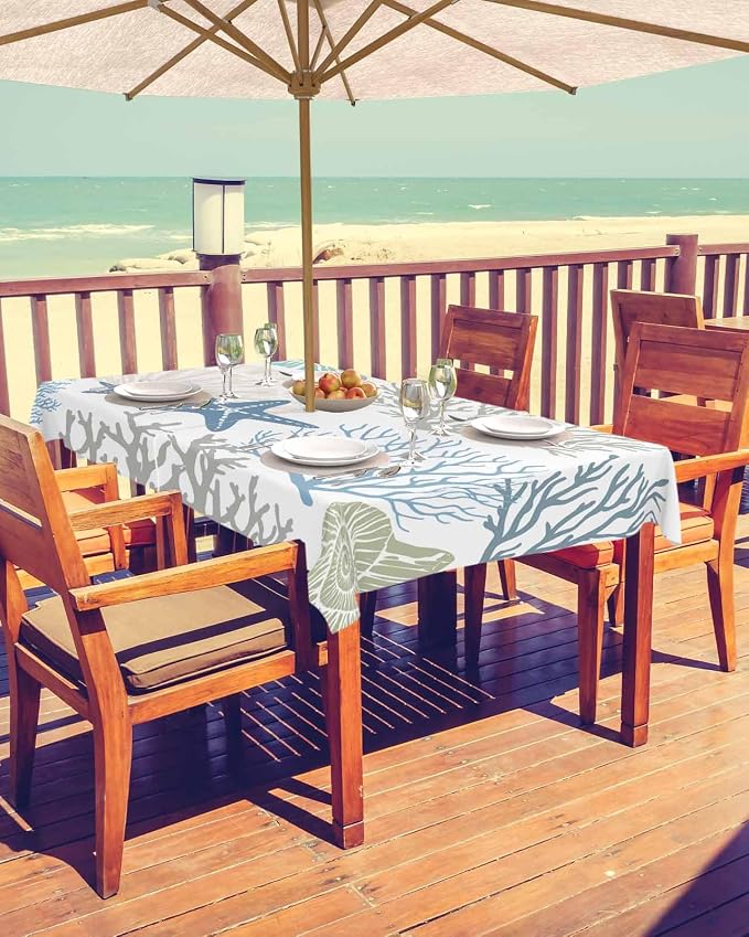 Coastal Outdoor Tablecloth - 60x102 Inch Rectangle Dining Table Cover, Blue Teal Coral Summer Beach Ocean Starfish Waterproof Outdoor Table Cloth with Umbrella Hole & Zipper for Picnic/Patio/Party