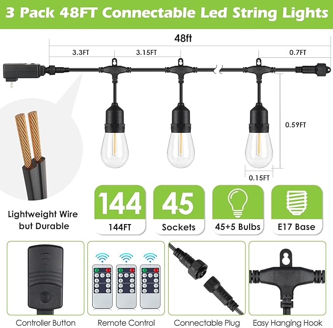 Larkvue 144FT(3 * 48FT) Outdoor String Lights with Remote, Dimmable Patio Lights with 45+5 LED Bulbs 3 Modes 4 Timers for Bistro Cafe, Black 3 Pack
