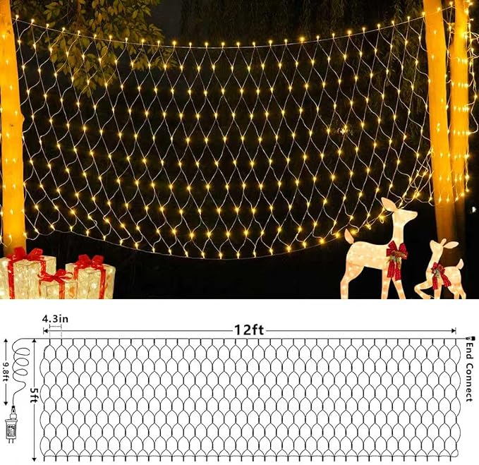 QITONG Net Lights Outdoor Mesh Lights, 12ft x 5ft 360 LED Warm White Christmas Light with 8 Modes, Connectable Clear Wire Bush Light Plug in
