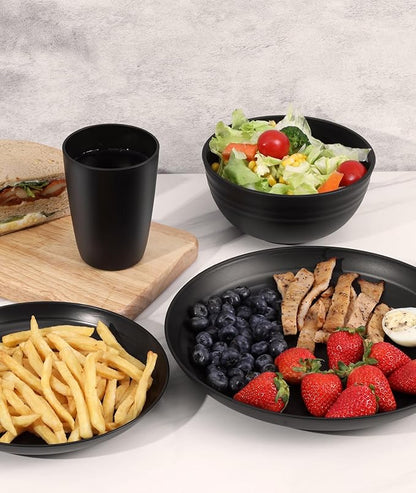 Quatish 24 Piece Plates and Bowls Sets for 6, Unbreakable Dinnerware Sets, Dish Set for Camping, Dishwasher Microwave Safe, Outdoor Kitchen and Apartment Dorm Dinning RV Essentials, Black