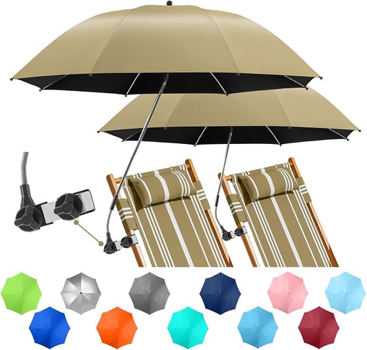 2 PACK Beach Umbrella with Clamp, 360 ° Adjustable Umbrellas for Chair, UPF50+ Umbrella for Beach Chair, Patio Chair, Wheelchair, Camping Chair, Golf Carts (Chair Not Included)