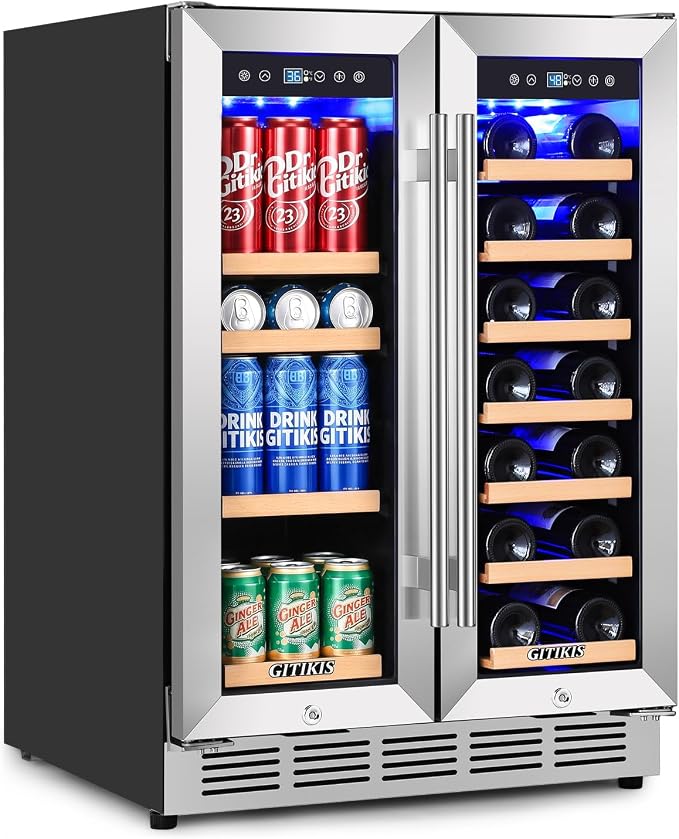 24 Inch Built-in Wine and Beverage Refrigerator Dual Zone | Under Counter Wine Fridge with Glass Door, Digital Touch Panel with °C/°F Switch, Low Noise Cooling for Kitchen, Home Use