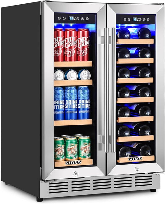 24 Inch Built-in Wine and Beverage Refrigerator Dual Zone | Under Counter Wine Fridge with Glass Door, Digital Touch Panel with °C/°F Switch, Low Noise Cooling for Kitchen, Home Use