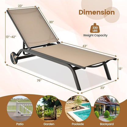 COSTWAY Outdoor Patio Chaise Lounge, 6-Position Adjustable Pool Lounger | with Stable Aluminum Frame, Portable Sun Bathing Lounge Chair on Wheels for Backyard Garden, Brown