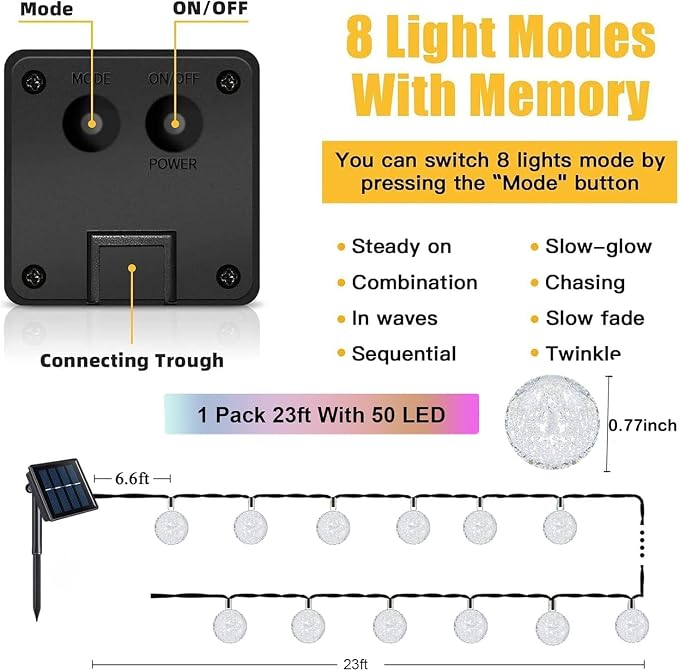 Outdoor Solar Lights, 50LED 23Ft Waterproof Auto Crystal Globe Lights | Waterproof solar garden multicolor lights with 8 modes, auto on/off decor for garden, patio, yard, wedding & party