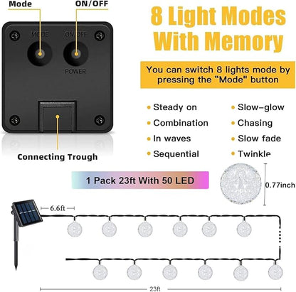 Outdoor Solar Lights, 50LED 23Ft Waterproof Auto Crystal Globe Lights | Waterproof solar garden multicolor lights with 8 modes, auto on/off decor for garden, patio, yard, wedding & party