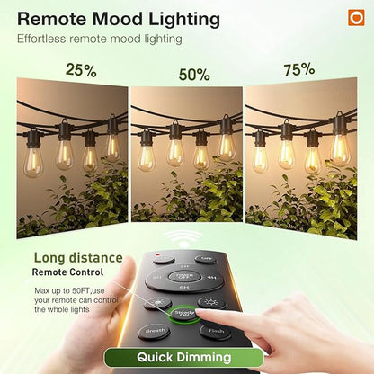 addlon 150FT LED Outdoor String Lights with Remote Dimmable Patio Lights with Timer & 3 Lighting Modes, 48 Shatterproof Edison Bulbs, Waterproof Shatterproof Hanging for Outside Backyard Porch Party