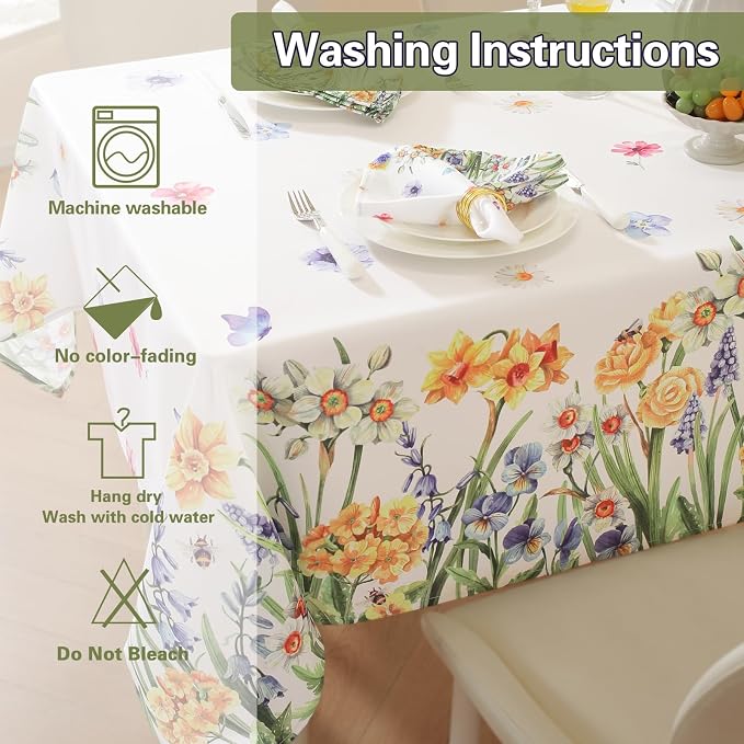 SASTYBALE Spring Summer Floral Tablecloth 52 x 70 Inch Rectangular, Wildflowers & Butterfly Pattern, Washable Wrinkle-Resistant Table Cover for Party, Picnic, Dinner & Home Decor