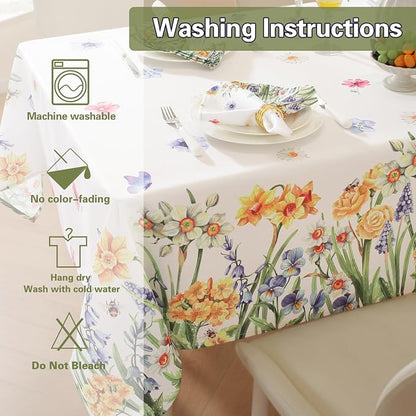 SASTYBALE Spring Summer Floral Tablecloth 52 x 70 Inch Rectangular, Wildflowers & Butterfly Pattern, Washable Wrinkle-Resistant Table Cover for Party, Picnic, Dinner & Home Decor