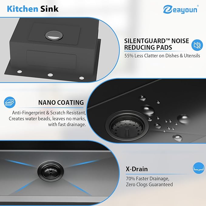 25 Inch Gunmetal Black Drop In Kitchen Sink 25 x 22 Kitchen Sink 18 Gauge Stainless Steel Single Bowl Topmount Sink with Nano Coating, 25x22x8