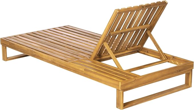 Merax 2 Piece Teak Finish Acacia Wood Chaise Lounge with 4-Inch Cream 4-Fold Cushion Set, Adjustable Outdoor Patio Lounger with Flat Side Surface, for Poolside