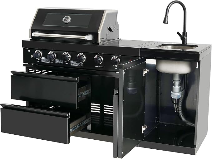 65.4 Inch Outdoor Kitchen Island, 4-Burner 72000 BTU Propane Stainless Steel BBQ with Side/Rear Burners, Outdoor Kitchen Bar Barbecue Island Grill,Marble Countertops,For Backyard BBQ