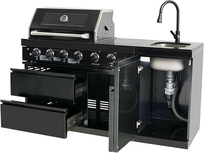 65.4 Inch Outdoor Kitchen Island, 4-Burner 72000 BTU Propane Stainless Steel BBQ with Side/Rear Burners, Outdoor Kitchen Bar Barbecue Island Grill,Marble Countertops,For Backyard BBQ