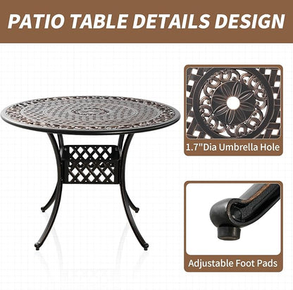 41" Round Patio Dining Table with Umbrella Hole, Outdoor Cast Aluminum Bistro Conversation Outdoor Table for Backyard Porch Pool Balcony Deck