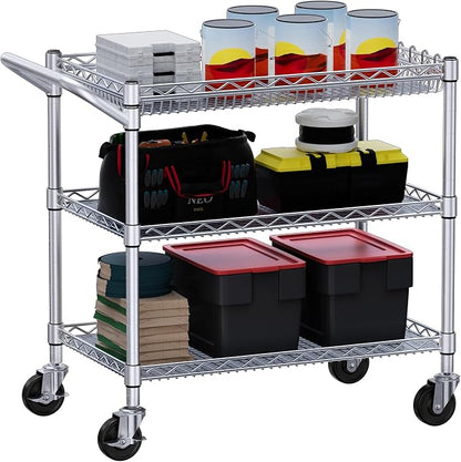 990Lbs Capacity Heavy Duty Rolling Utility Cart, NSF Rolling Carts with Wheels,Commercial Grade Metal Cart with Handle Bar & Shelf Liner,Trolley Serving Cart for Kitchen,Restaurant,Silver