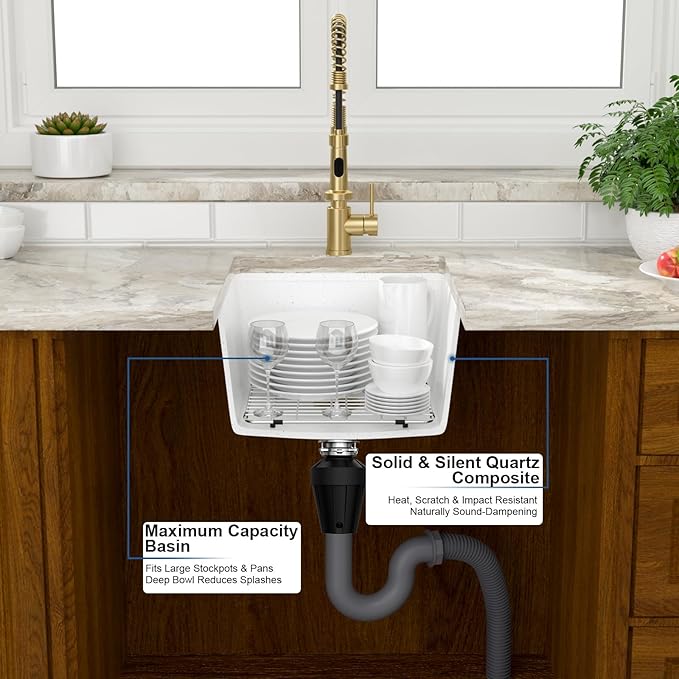 Mocoloo 18 Inch White Undermount Granite Composite Kitchen Bar Sink - 18 x 18 Matte White Ledge Workstation Kitchen Sinks, Composite Quartz Single Bowl Under Counter Bar Prep Rv Sink Basin
