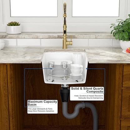 Mocoloo 18 Inch White Undermount Granite Composite Kitchen Bar Sink - 18 x 18 Matte White Ledge Workstation Kitchen Sinks, Composite Quartz Single Bowl Under Counter Bar Prep Rv Sink Basin