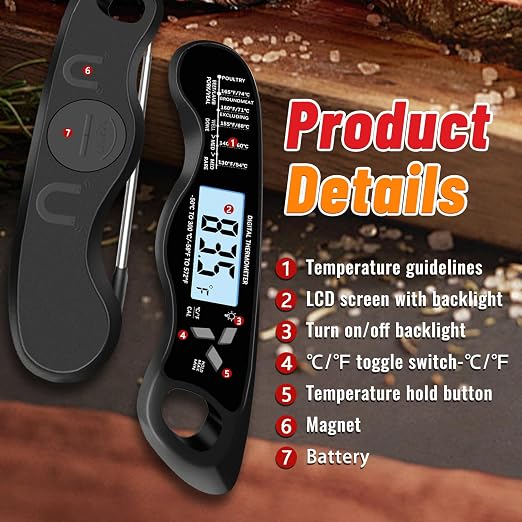 Meat Thermometer Digital, IP67 Waterproof Food Thermometer for Cooking | Backlight, Hold Function, Magnet, IP67 Waterproof, LED screen, for Kitchen, Grill, BBQ, Beef, Candy, Turkey