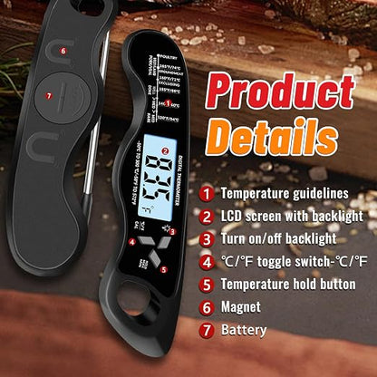 Meat Thermometer Digital, IP67 Waterproof Food Thermometer for Cooking | Backlight, Hold Function, Magnet, IP67 Waterproof, LED screen, for Kitchen, Grill, BBQ, Beef, Candy, Turkey