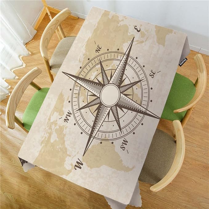 Swono Compass Rectangular Tablecloth Old World Map Nautical Compass Washable Table Cloth Kitchen Dining Room Table Cover for Party Dinner 50x72 Inch Tablecloths