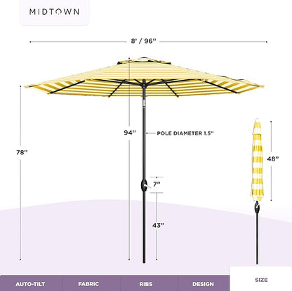 Midtown Umbrellas 10-Year-No-Fade - 8 Ft - UV Proof White/Yellow Stripes Fabric - Umbrella Outdoor Patio, Auto-Tilt Aluminum Frame Patio Umbrella for Garden, Pool & Deck - Black Pole