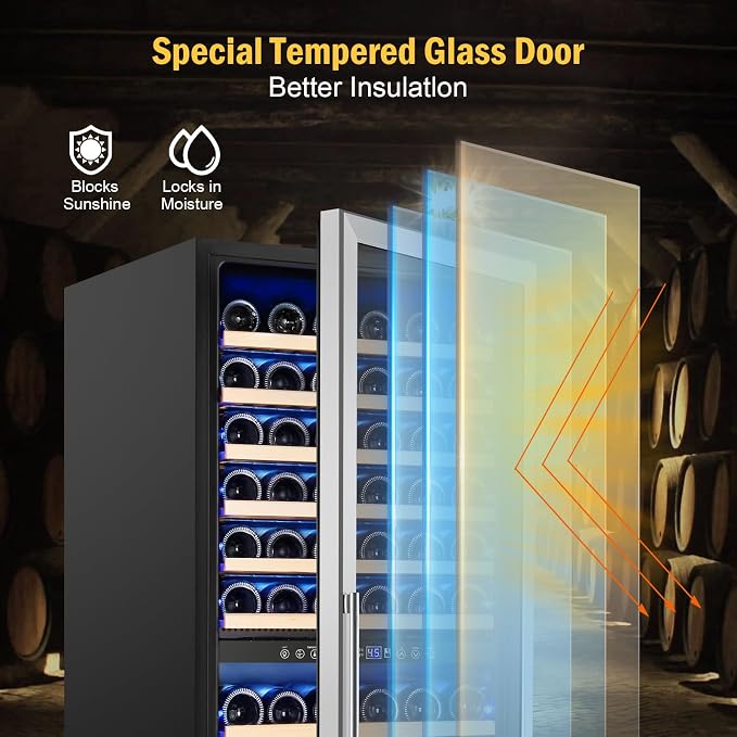 FoMup 24" 180-Bottle Dual Zone Wine fridge, Freestanding or Built-in | Sliding rail shelves, Reversible door, Professional cooling, Low noise, Glass door, Digital temp, Home or commercial use