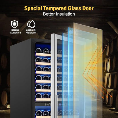 FoMup 24" 180-Bottle Dual Zone Wine fridge, Freestanding or Built-in | Sliding rail shelves, Reversible door, Professional cooling, Low noise, Glass door, Digital temp, Home or commercial use