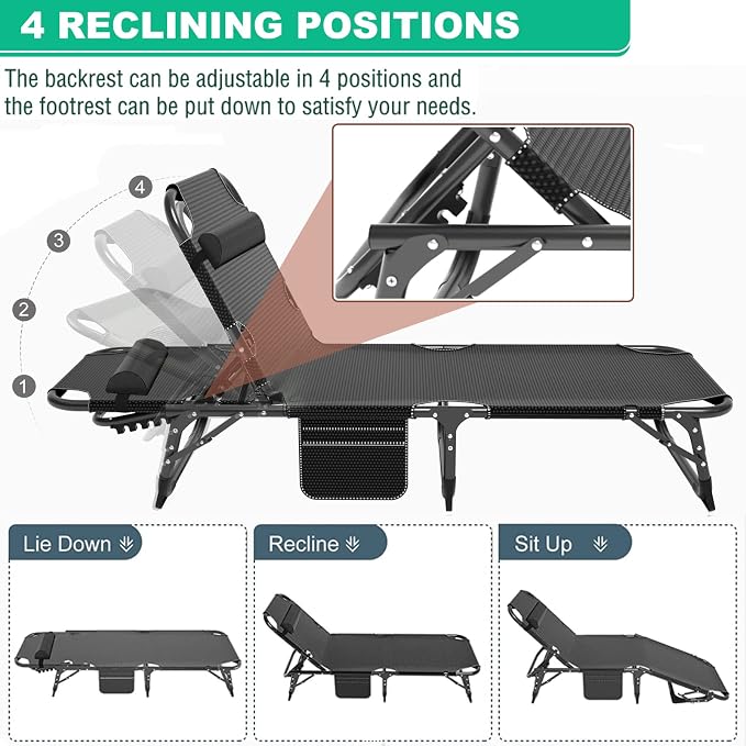LILYPELLE Folding Chaise Lounge Chair with Pad, Patio Sun Tanning Chair | 5-Position Outdoor Chaise Lounger,Portable Beach Lounge Chair for Outdoor Sunbathing Patio Pool Lawn Deck Poolside
