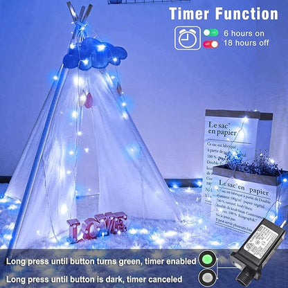 100FT 300 LED Outdoor String Lights, Plug in Christmas Lights Indoor Waterproof with 8 Modes, Connectable Twinkle Fairy Lights Clear Wire for Bedroom Home Patio Yard Party Decorations, Blue and White