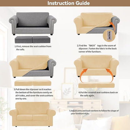 WEERRW Velvet Stretch 3 Pieces Couch Cover for Sofa Washable, Champagne | Love Seat Couch Covers for 2 Cushion Couch Sofa Furniture Protector slipcoves with Elastic Bottom for Kids, Medium