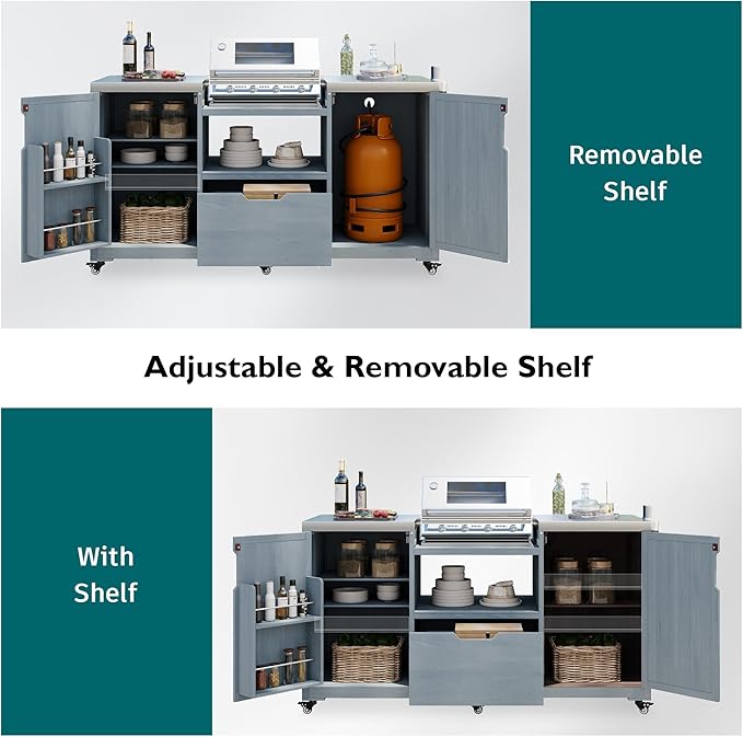 LUMISOL Outdoor Grill Cart for Big Green Egg Grills, 66.5" Solid Wood Outdoor Kitchen Island with Stainless Steel Top, Rolling Kitchen Cart with Internal Storage Rack, Spice & Towel Rack, Grey Blue