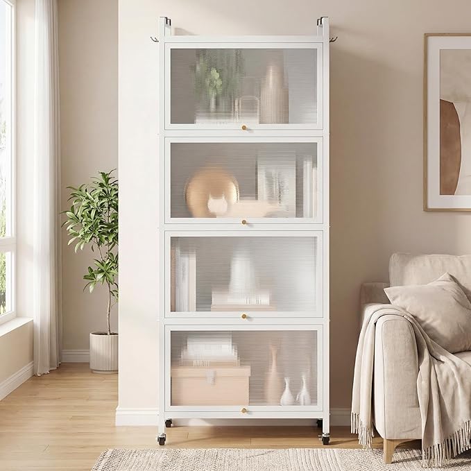 Giantex 5-Tier Kitchen Storage Cabinet, Mobile Microwave Stand with Flip-up PC Doors, Freestanding Kitchen Bakers Rack with 4 Rolling Casters, for Dining Room, Living Room and Study (White)