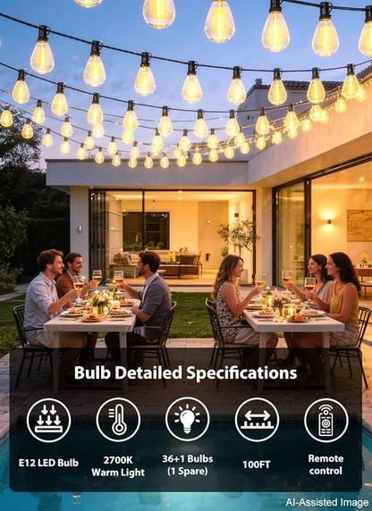 100FT Outdoor String Lights with 36+1 S11 LED Bulbs, Waterproof Dimmable Patio Lights with Remote, Shatterproof E12 Hanging Bistro Lights for Backyard, Porch, Garden, Deck Outdoor Decor