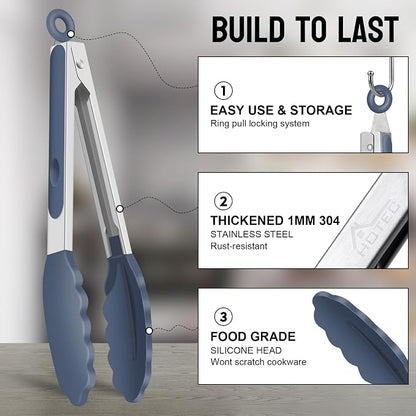 HOTEC Premium Stainless Steel Locking Kitchen Tongs with Silicon Tips, Set of 2-9" and 12",Dusty Blue