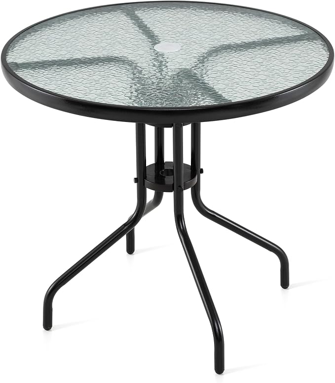 Giantex 31.5" Outdoor Bistro Table, Patio Round Dining Table w/Tempered Glass Tabletop & 2" Umbrella Hole, Heavy-Duty Metal Frame for Garden Yard Poolside Porch (31.5"x31.5"x28.5")