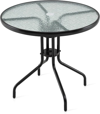 Giantex 31.5" Outdoor Bistro Table, Patio Round Dining Table w/Tempered Glass Tabletop & 2" Umbrella Hole, Heavy-Duty Metal Frame for Garden Yard Poolside Porch (31.5"x31.5"x28.5")