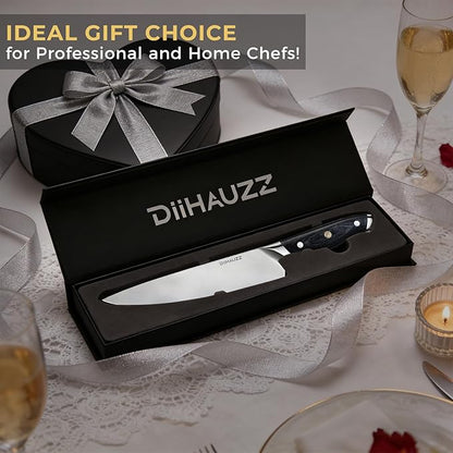 DiiHAUZZ Chef Knife, 8 Inch Ultra Sharp Kitchen Knife, Professional High Carbon Steel Chefs Knife with Full-Tang Ergonomic Handle for Kitchen, Gift Box for Fathers Day Gift