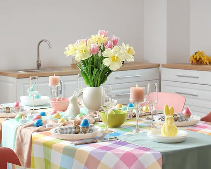 Spring Disposable Checkered Tablecloth Round Plastic Buffalo Plaid Table Cloth 84'' Gingham Pastel Tablecover for Picnic Camping BBQ Graduation Party(Macaron Colors, 6 Pieces)