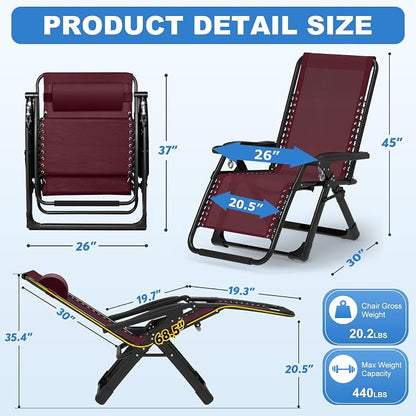 Slendor Zero Gravity Chair, Recliner Lounge Chairs with Cushion, Wine Red | Reclining Lounge Chair, Folding Anti Gravity Chairs w/Upgraded Lock, Removable Upgraded&Headrest, 440lbs, for Indoor Outdoor