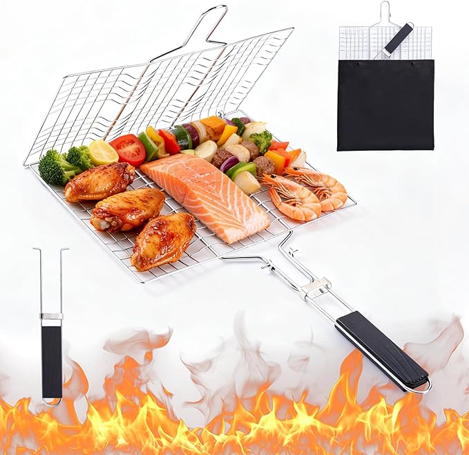 Grill Basket for Veggies, Fish Grill Basket, Folding Portable Stainless Steel BBQ Grilling Baskets for Outdoor Grill (Stainless Steel)