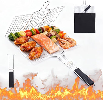 Grill Basket for Veggies, Fish Grill Basket, Folding Portable Stainless Steel BBQ Grilling Baskets for Outdoor Grill (Stainless Steel)