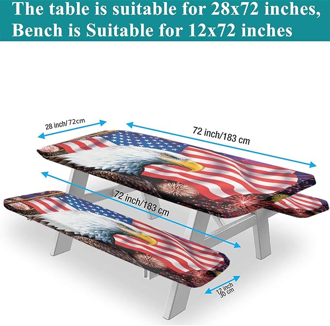 American Flag Picnic Fitted Tablecloth with Benches Covers, 4th of July Elastic Edge Fitted Table Cover, 28x72 Inch, 3 Piece Set, Red Blue, for Indoor/Outdoor Picnic, BBQ and Dining Room Use